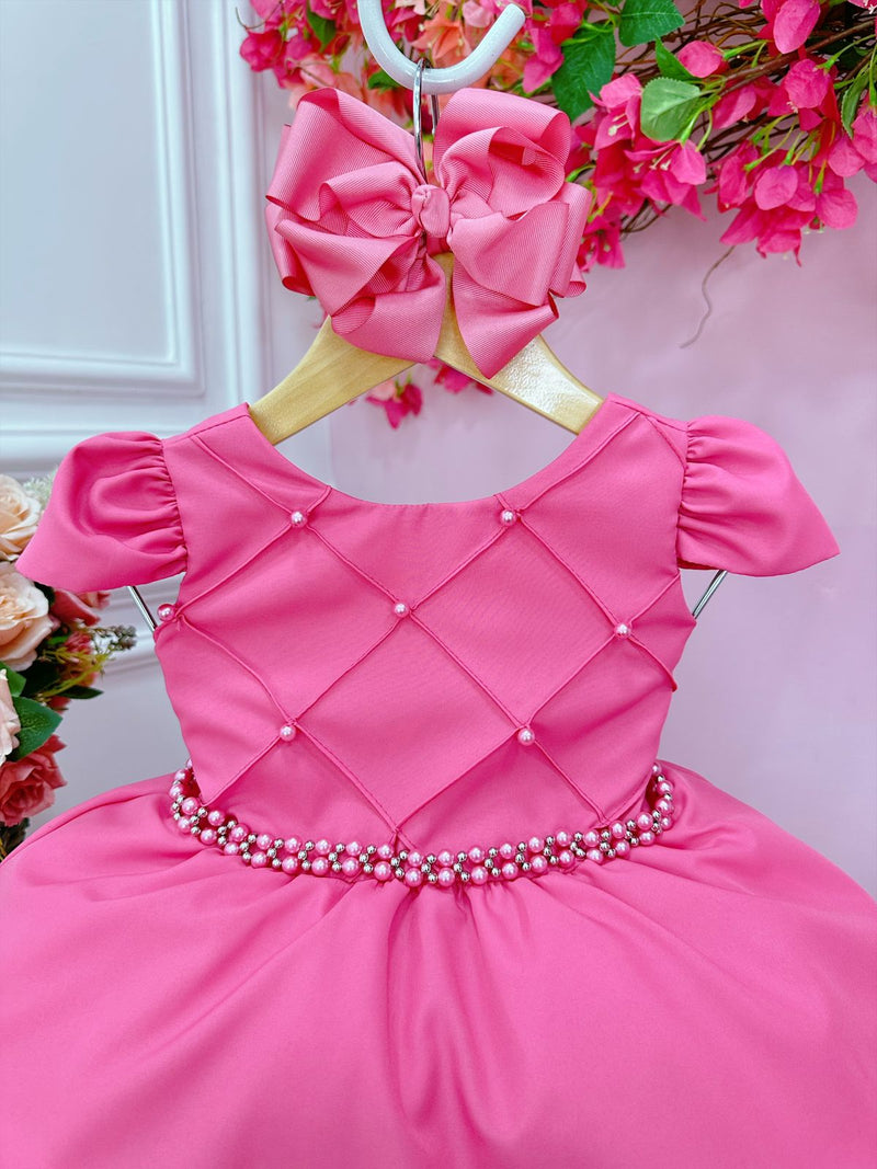 Vestido Infantil Rosa Chiclete Cinto Pérolas Damas Casamento