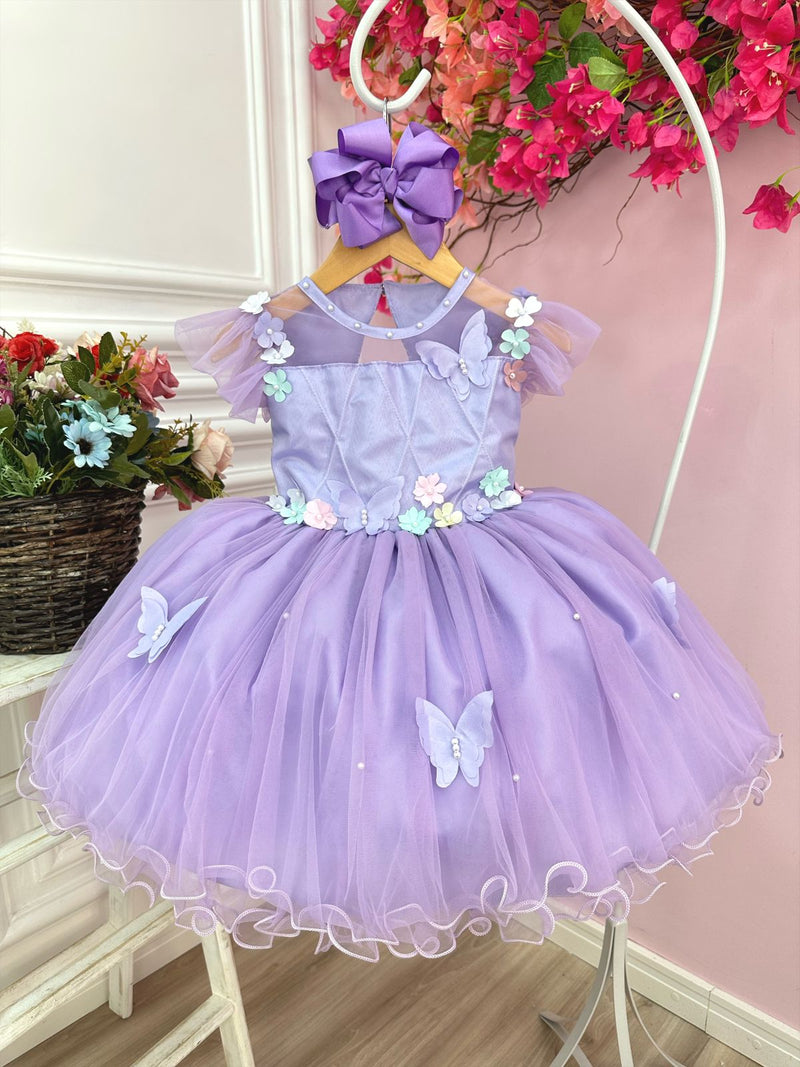 Vestido Infantil Jardim Encantado Lilás C/ Aplique Pérolas