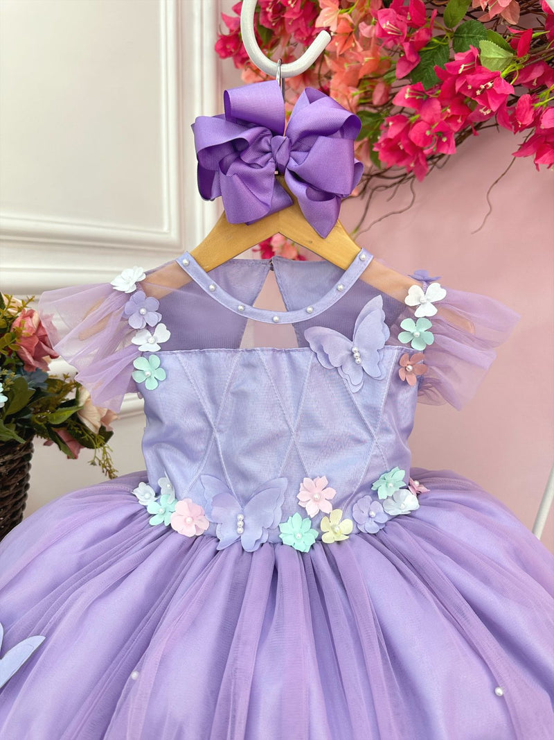 Vestido Infantil Jardim Encantado Lilás C/ Aplique Pérolas