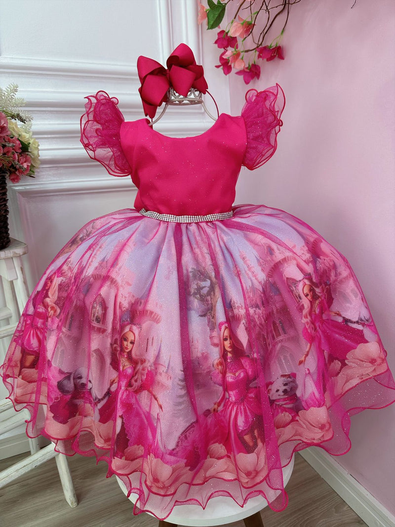 Vestido infantil Barbie no Castelo Pink Glitter Cinto Strass