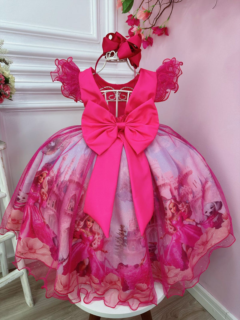 Vestido infantil Barbie no Castelo Pink Glitter Cinto Strass