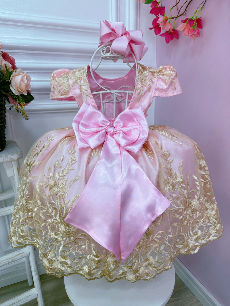 Vestido Infantil Rosa C/ Renda Realeza e Cinto de Pérolas