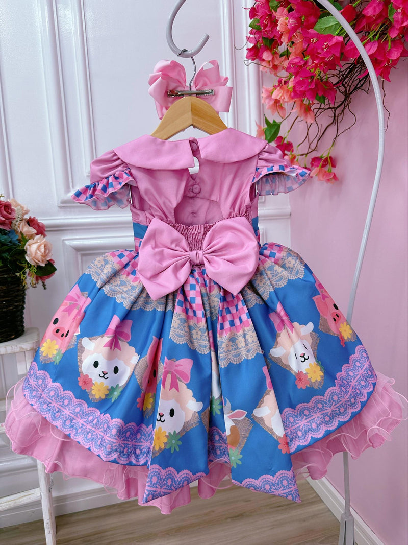 Vestido Infantil Rosa Fazendinha Bichos Aplique Botões