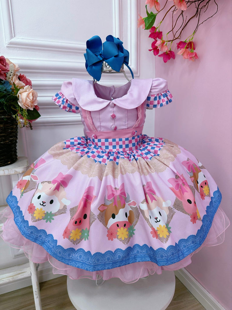 Vestido Infantil Rosa Bebê Fazendinha Bichos Aplique Botões