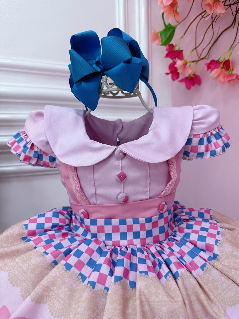 Vestido Infantil Rosa Bebê Fazendinha Bichos Aplique Botões