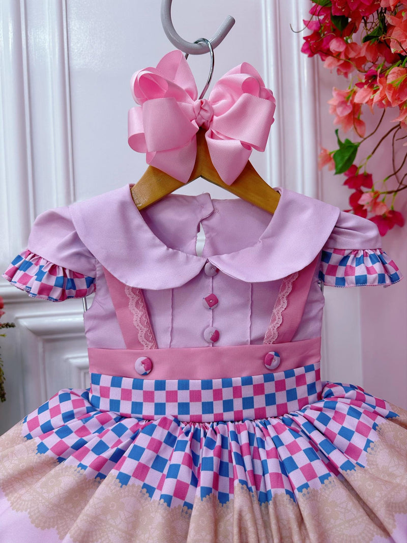 Vestido Infantil Rosa Bebê Fazendinha Bichos Aplique Botões