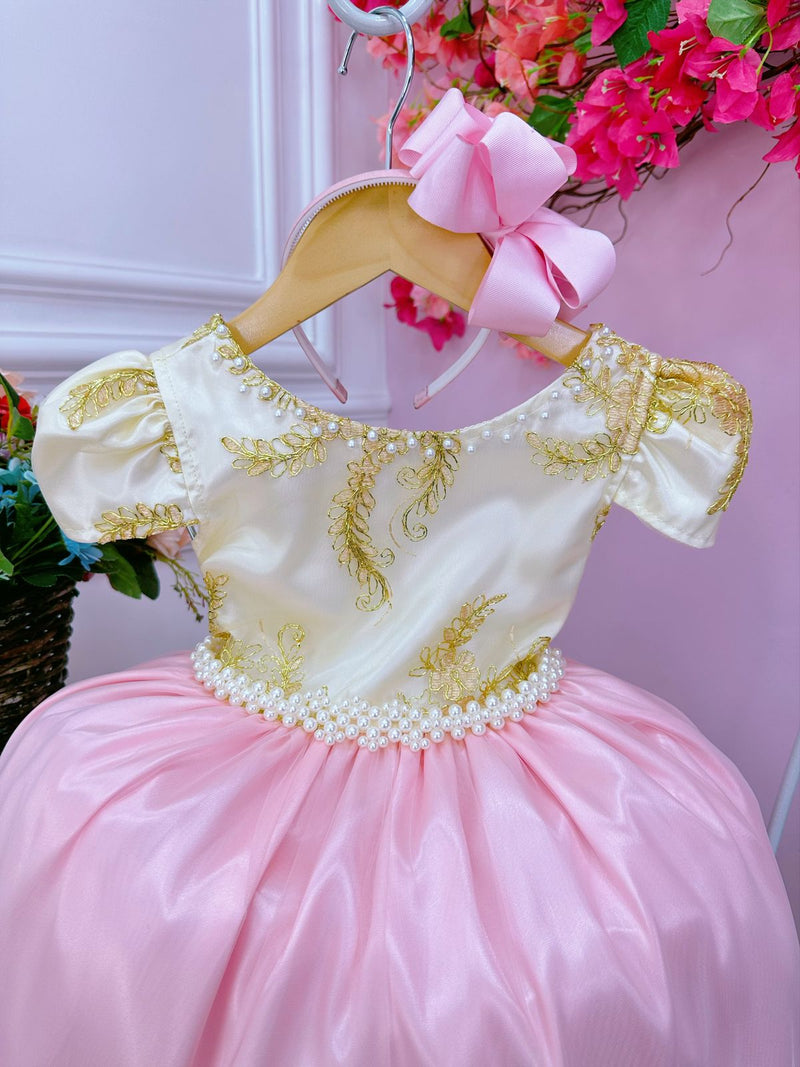 Vestido Infantil Marfim C/ Rosa Cinto Pérolas Renda Realeza