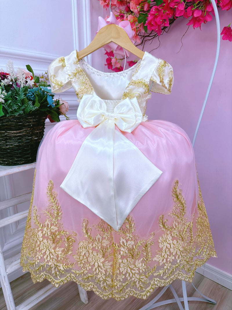 Vestido Infantil Marfim C/ Rosa Cinto Pérolas Renda Realeza