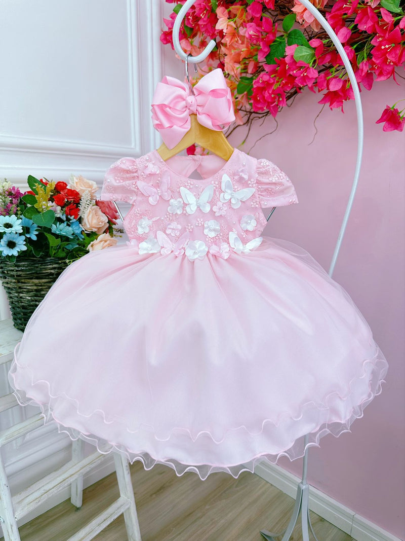 Vestido Infantil Bebê Rosa C/ Renda Jardim Encantado Pérolas (3567RR)