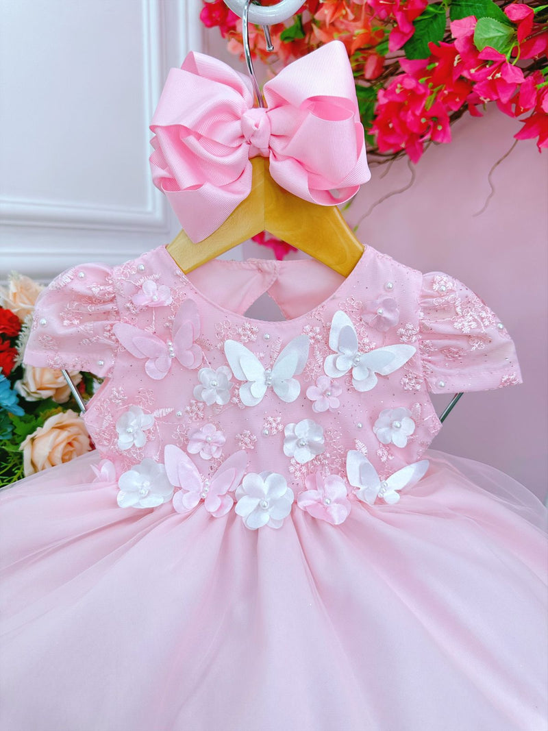 Vestido Infantil Bebê Rosa C/ Renda Jardim Encantado Pérolas (3567RR)