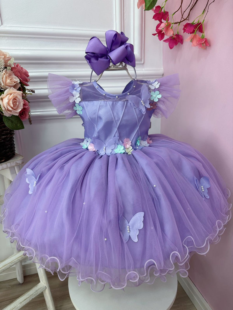 Vestido Infantil Jardim Encantado Lilás C/ Aplique Pérolas