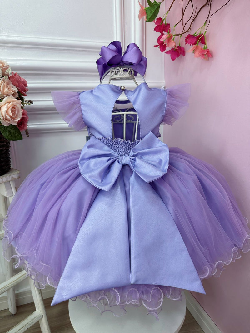 Vestido Infantil Jardim Encantado Lilás C/ Aplique Pérolas