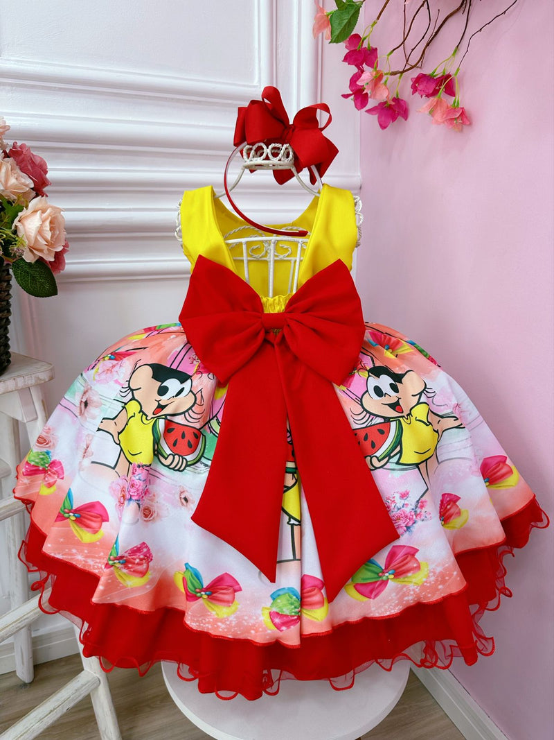 Vestido Infantil Festa da Magali Com Strass Aplique Laço