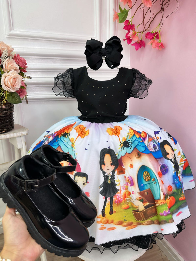 Vestido Infantil Wandinha Halloween Preto Busto Strass