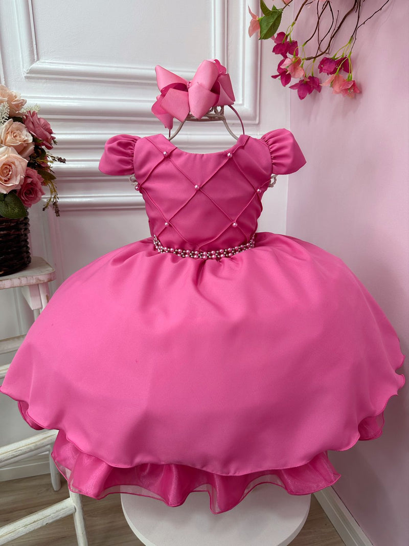 Vestido Infantil Rosa Chiclete Cinto Pérolas Damas Casamento