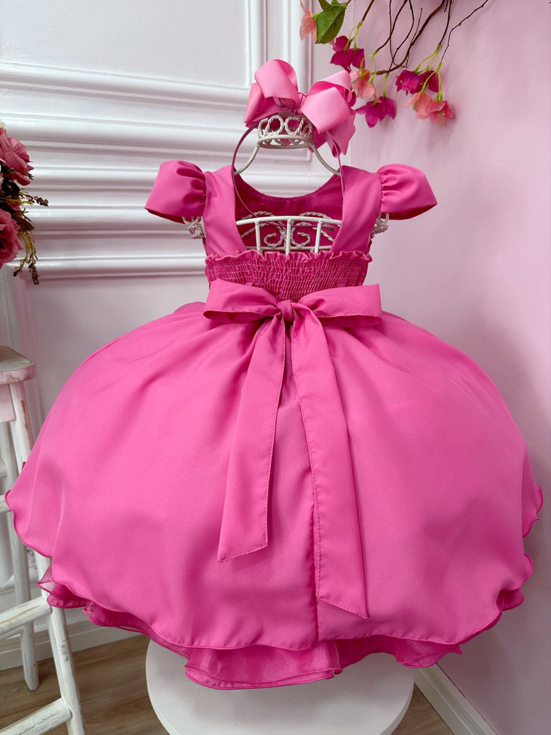 Vestido Infantil Rosa Chiclete Cinto Pérolas Damas Casamento