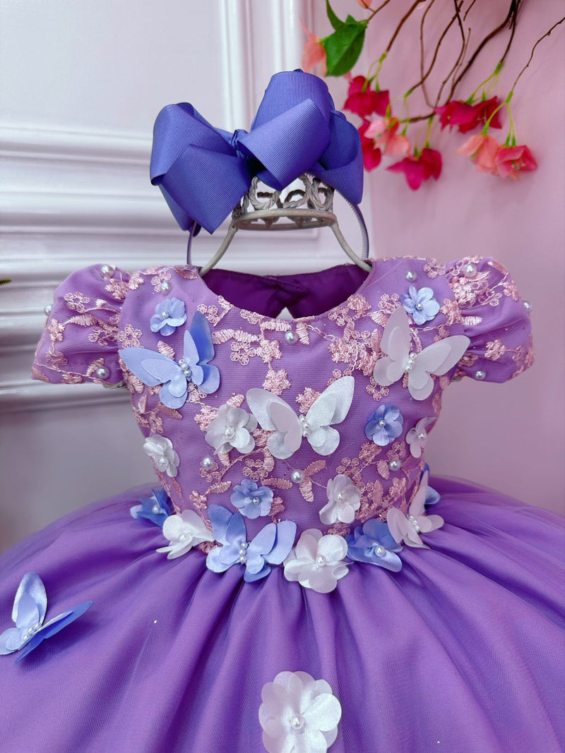 Vestido Infantil Lilás C/ Renda e Aplique Flores Borboletas