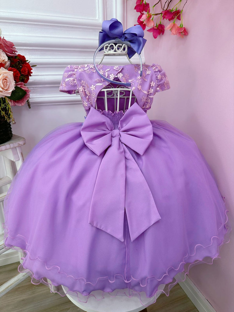 Vestido Infantil Lilás C/ Renda e Aplique Flores Borboletas