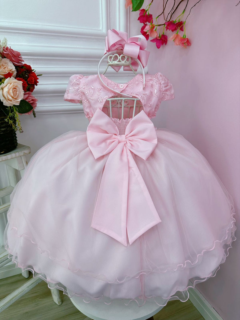 Vestido Infantil Rosa C/ Renda e Aplique Flores Borboletas