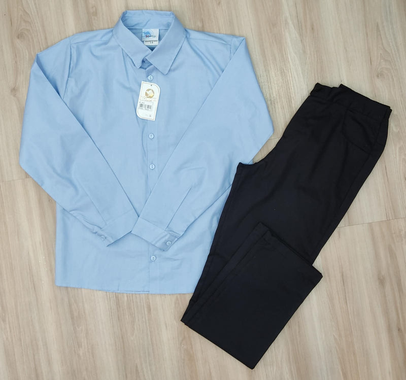 Conjunto Social Camisa Azul e Calça Preto em Algodão