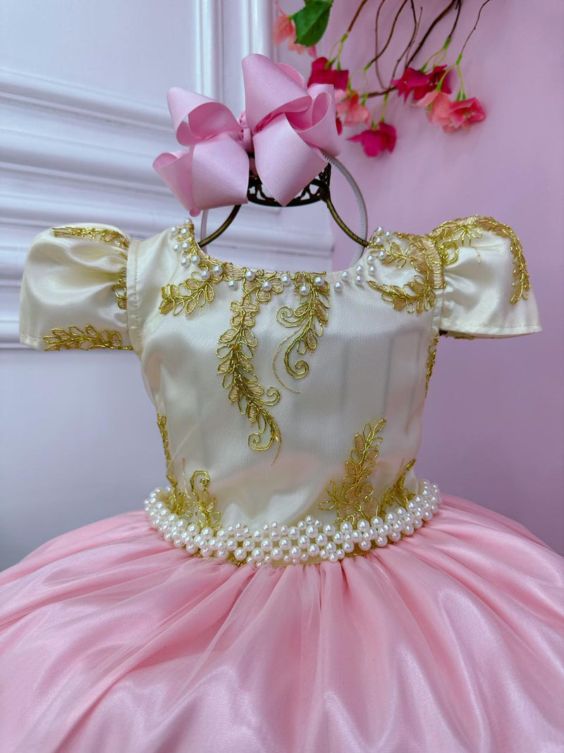 Vestido Infantil Marfim C/ Rosa Cinto Pérolas Renda Realeza