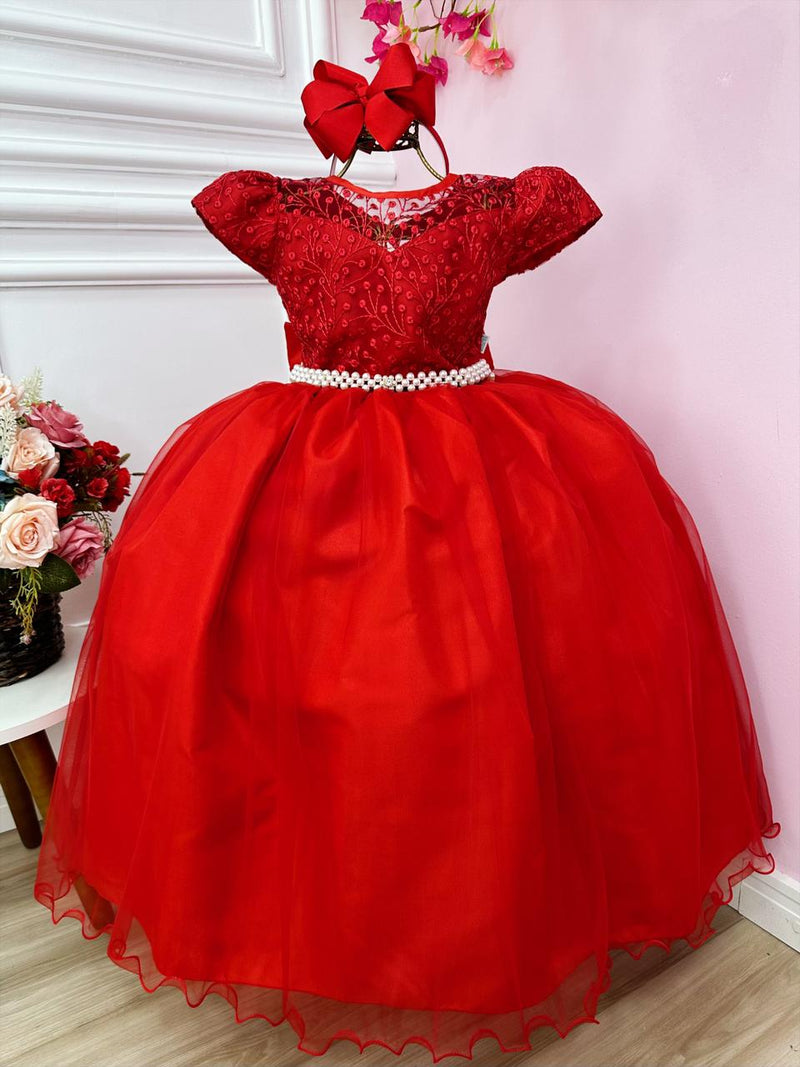 Vestido Infantil Damas Honra Casamento Vermelho Renda Pérola