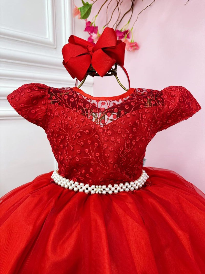 Vestido Infantil Damas Honra Casamento Vermelho Renda Pérola