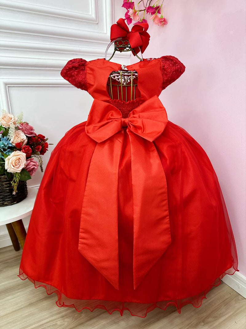 Vestido Infantil Damas Honra Casamento Vermelho Renda Pérola