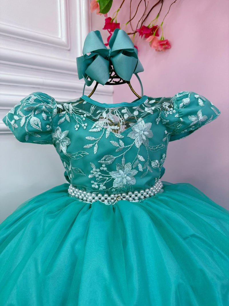 Vestido Infantil Damas Honra Casamento Verde C/ Renda Pérola