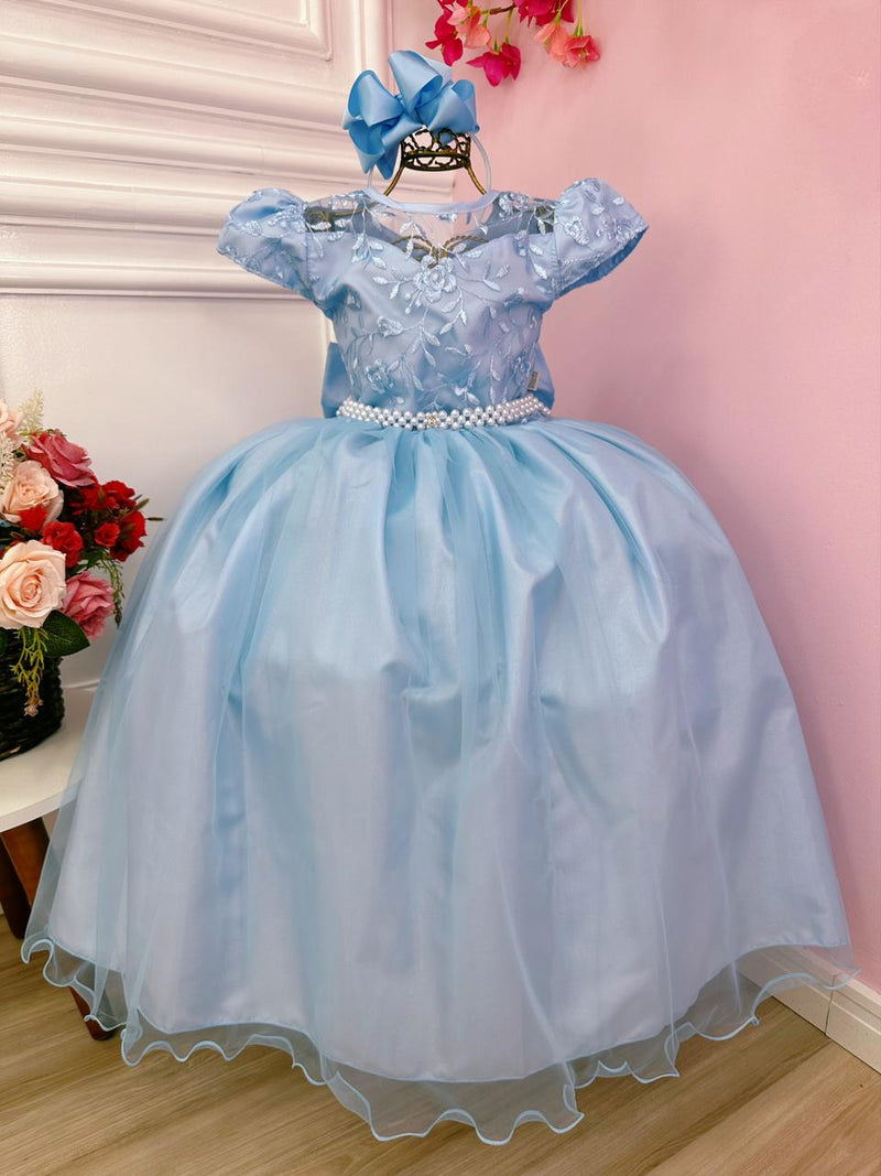 Vestido Infantil Damas Honra Casamento Azul C/ Renda Pérola