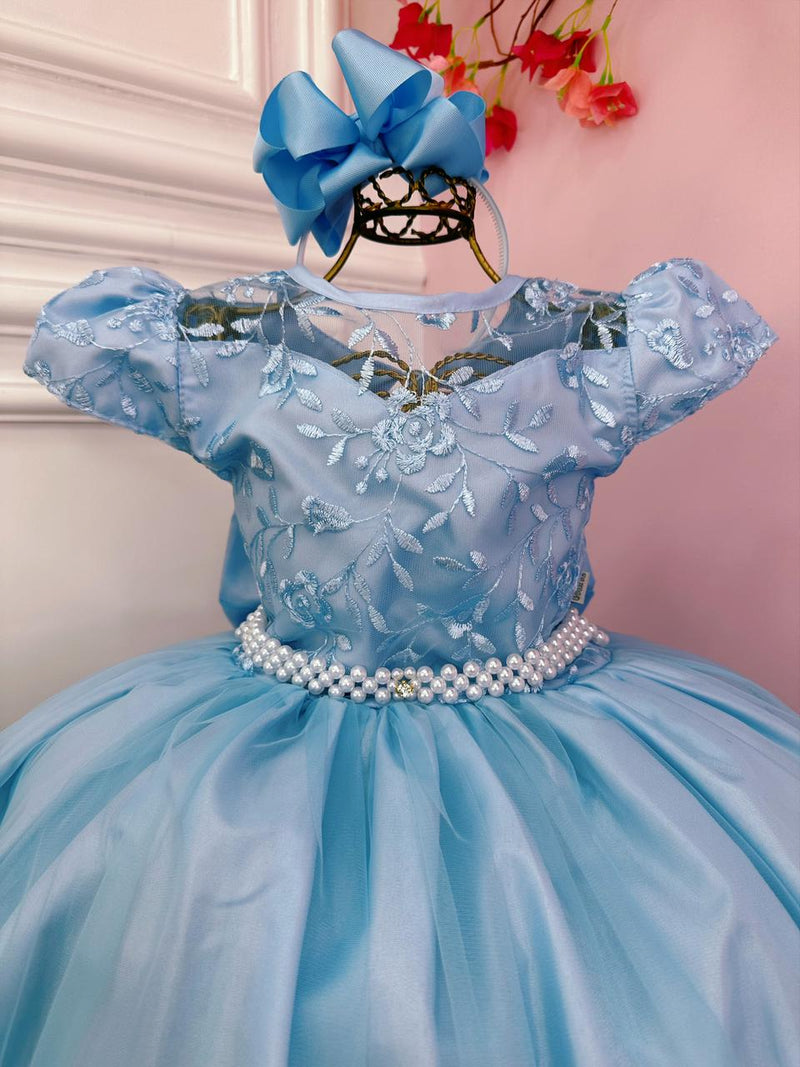 Vestido Infantil Damas Honra Casamento Azul C/ Renda Pérola