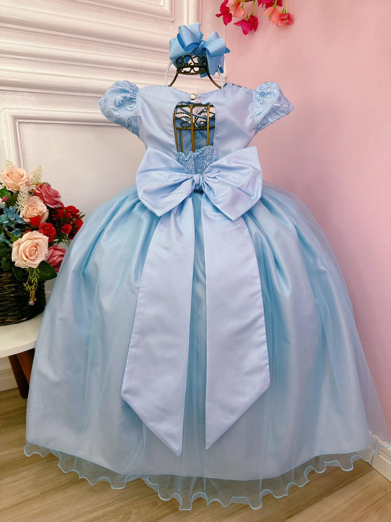 Vestido Infantil Damas Honra Casamento Azul C/ Renda Pérola