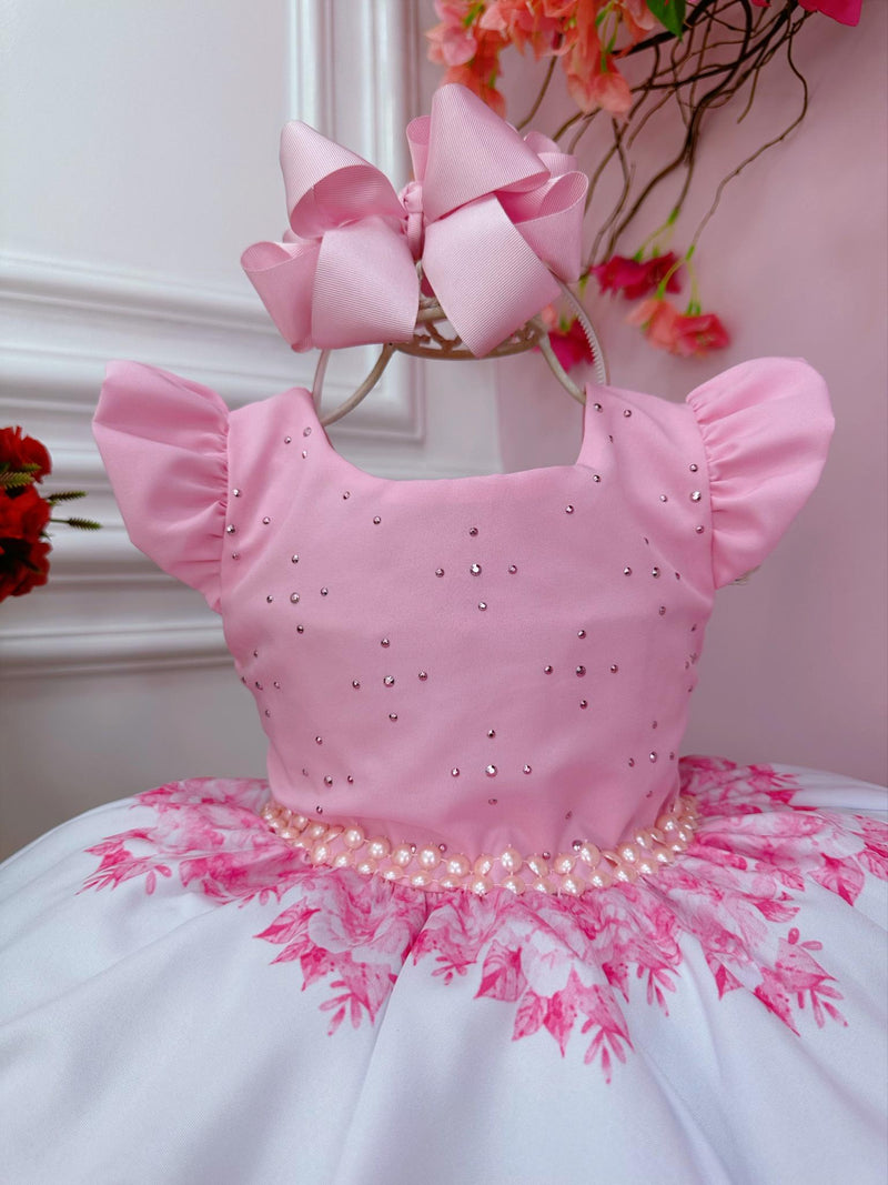 Vestido Infantil Rosa Princesas da Disney Cinto de Pérolas