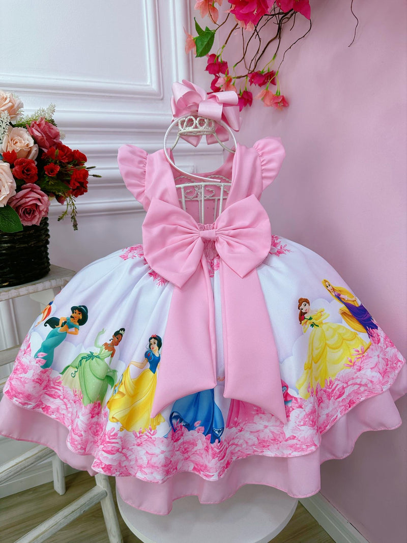 Vestido Infantil Rosa Princesas da Disney Cinto de Pérolas