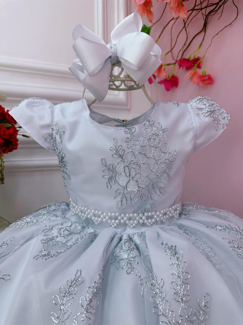 Vestido Infantil Realeza Branco C/ Renda Metalizada Pérolas