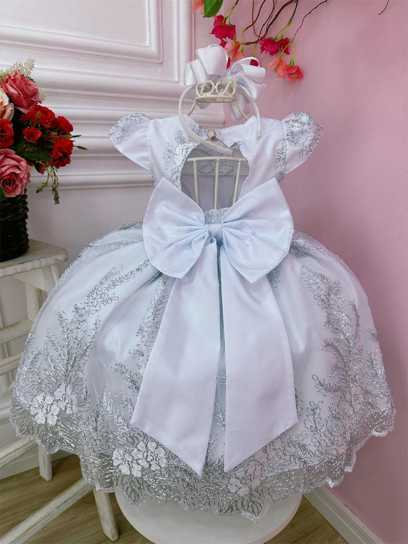 Vestido Infantil Realeza Branco C/ Renda Metalizada Pérolas