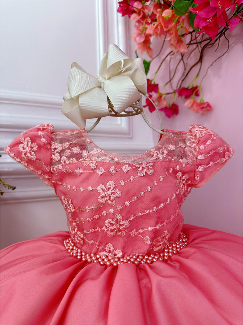 Vestido Infantil Goiaba Com Renda e Cinto de Pérolas