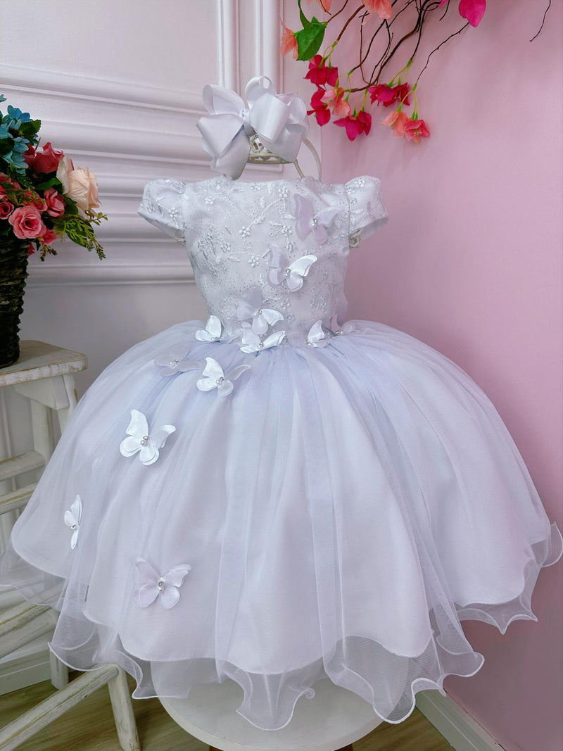 Vestido Infantil Branco C/ Renda e Aplique Borboletas Damas