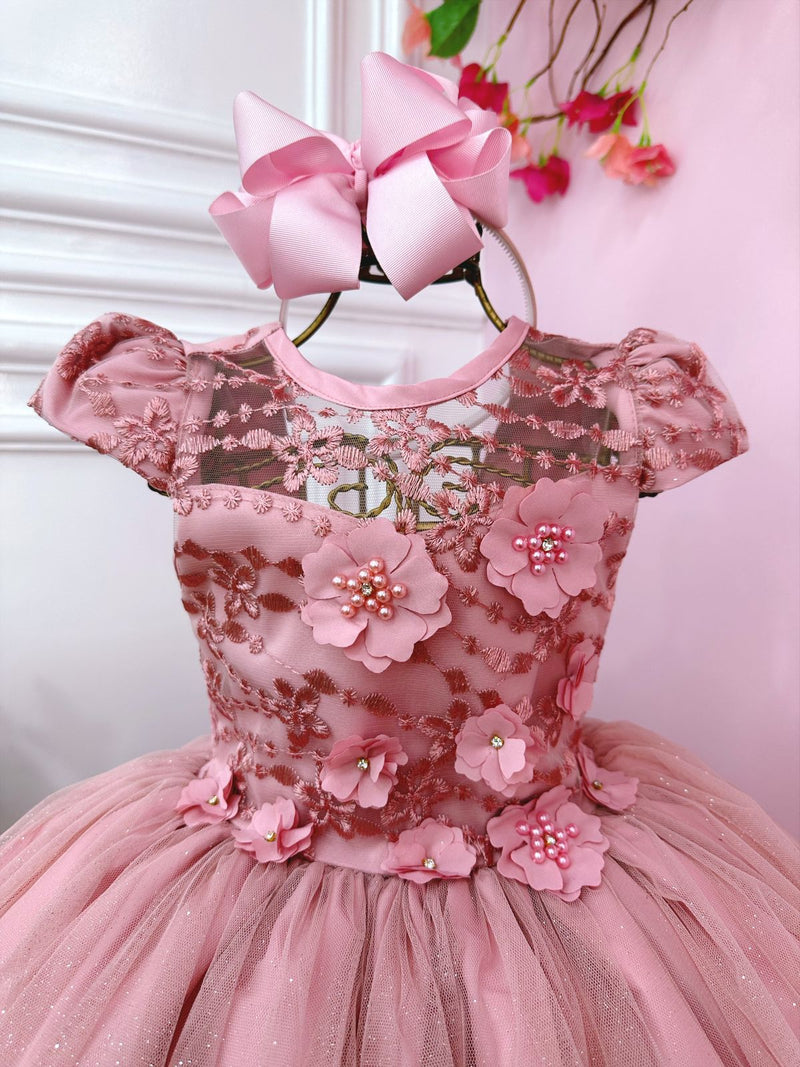 Vestido Infantil Rose C/ Aplique Flores e Renda Damas Luxo