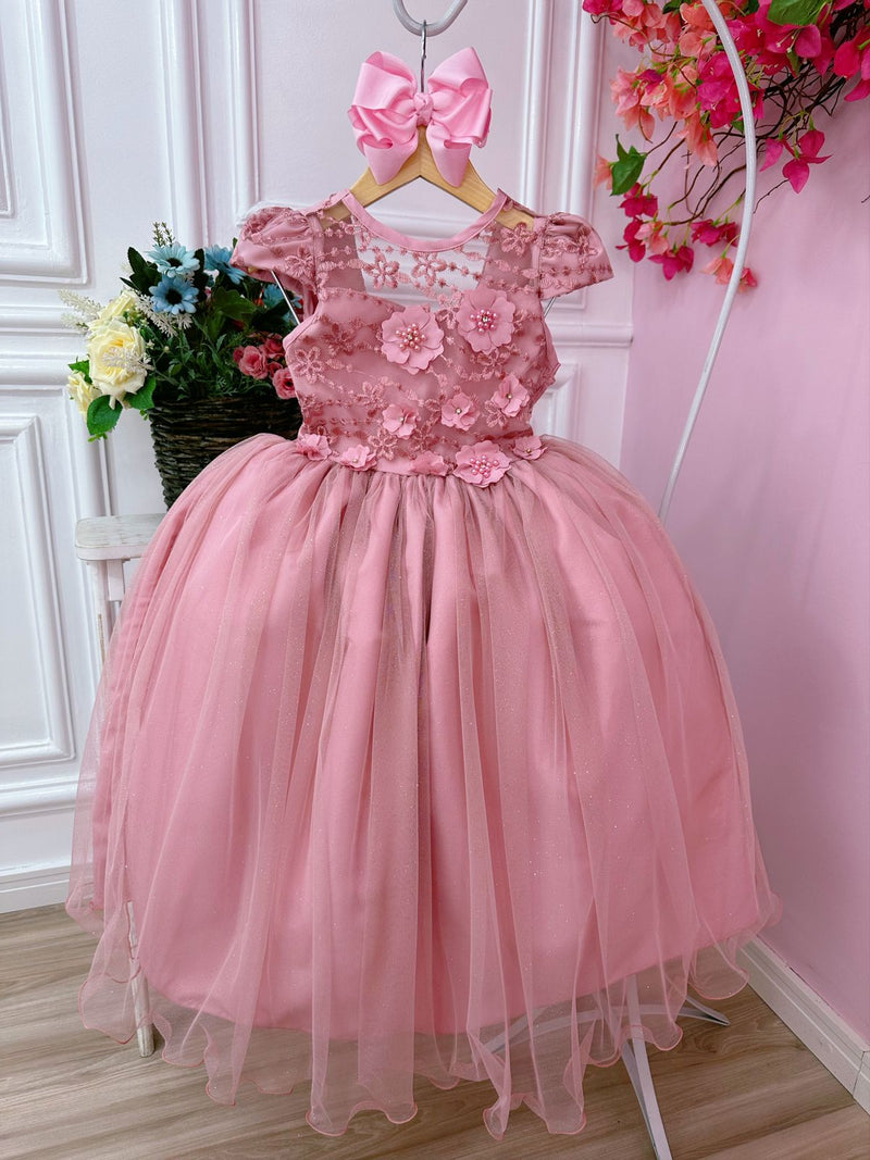 Vestido Infantil Rose C/ Aplique Flores e Renda Damas Luxo