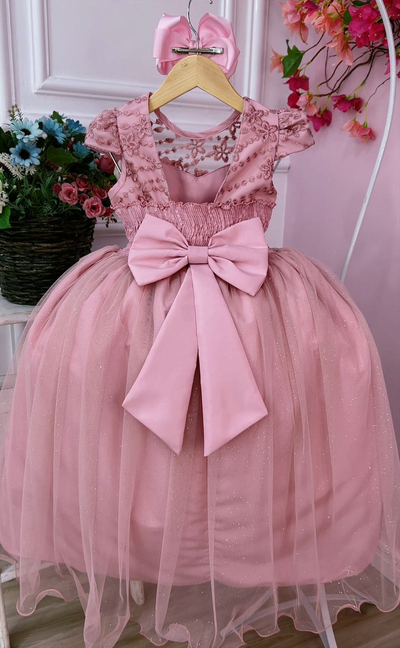 Vestido Infantil Rose C/ Aplique Flores e Renda Damas Luxo