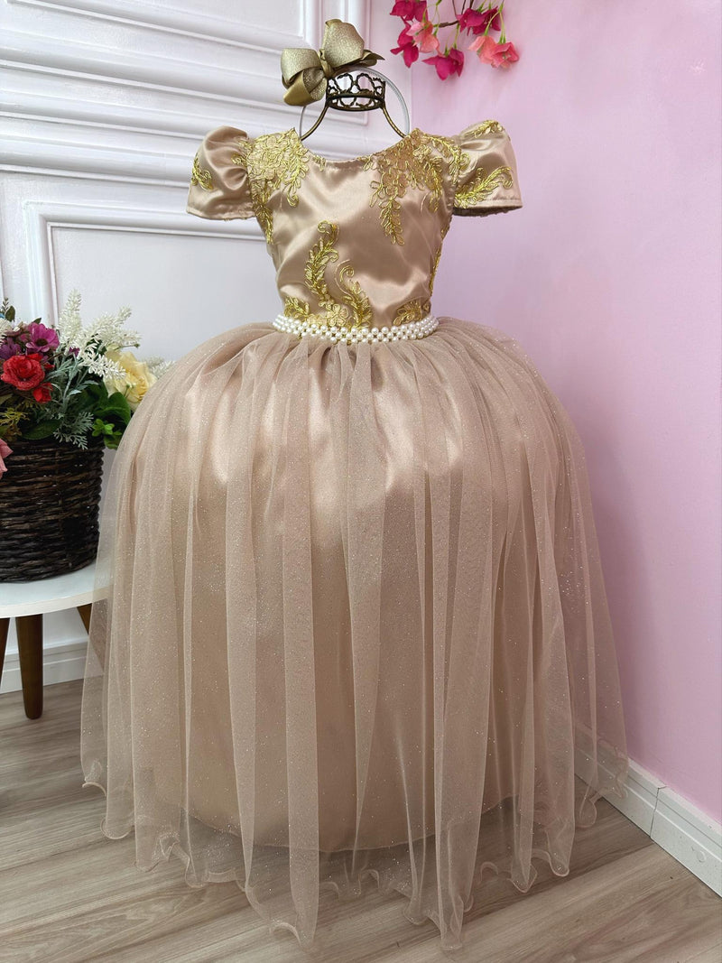 Vestido Infantil Nude Longo Damas C/ Renda Realeza Metalizada