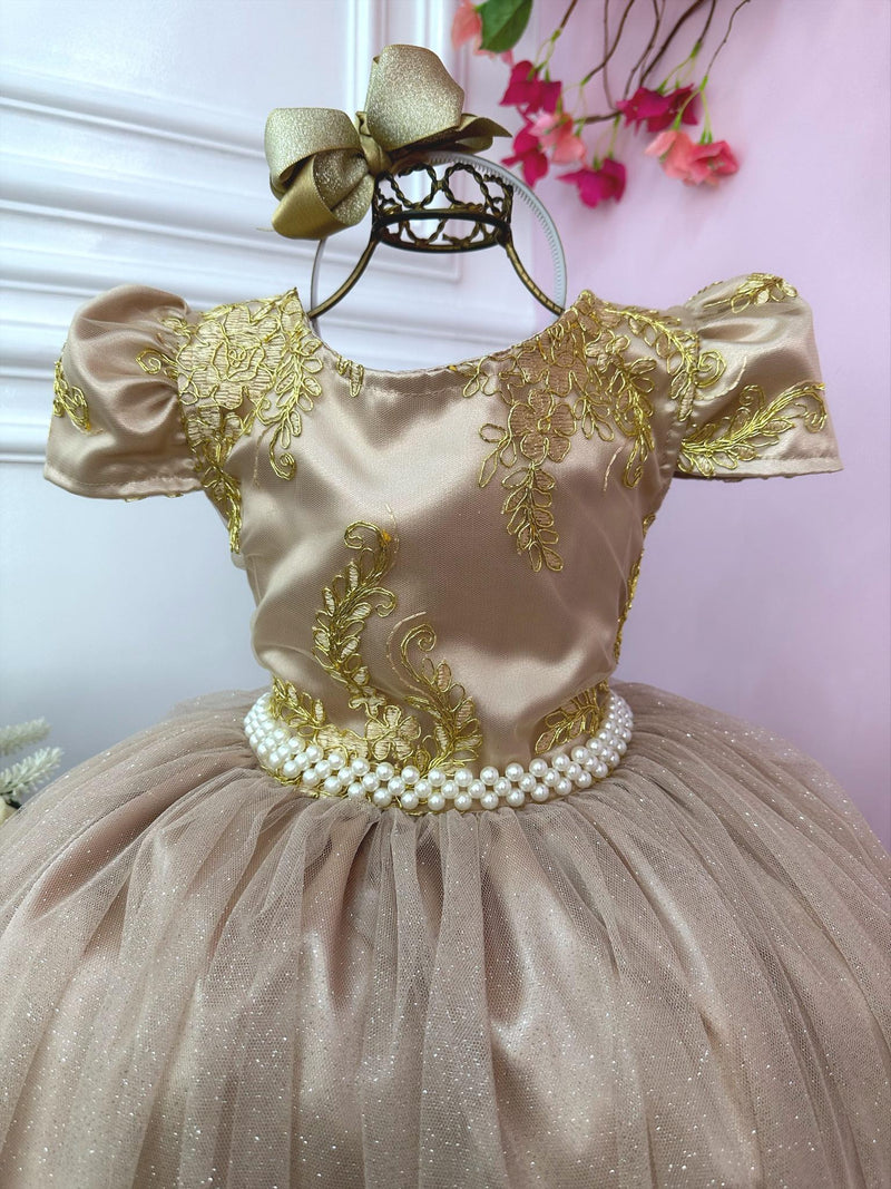 Vestido Infantil Nude Longo Damas C/ Renda Realeza Metalizada