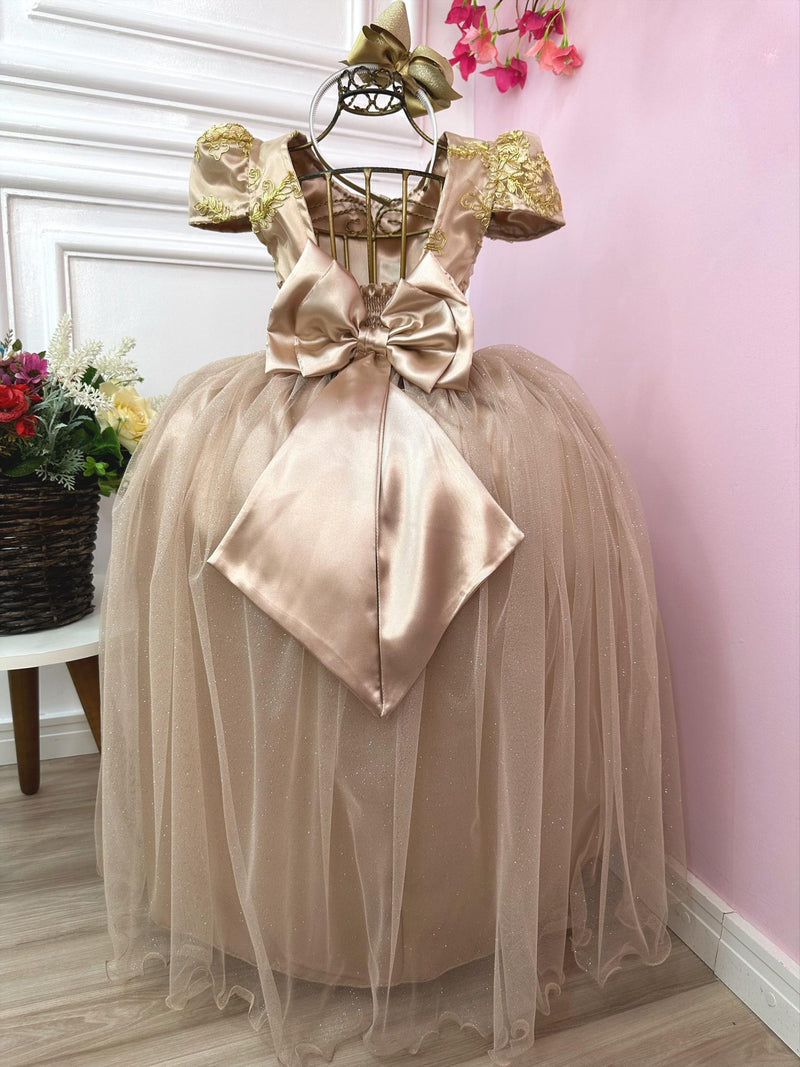 Vestido Infantil Nude Longo Damas C/ Renda Realeza Metalizada