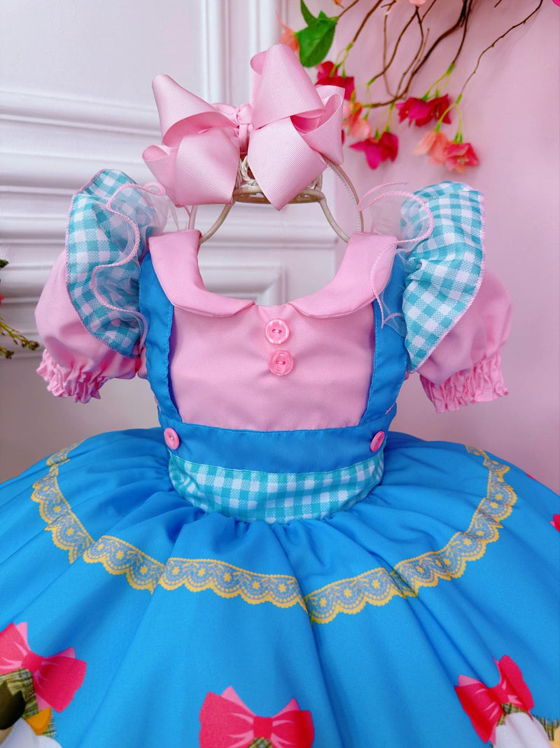 Vestido Infantil Fazendinha Vaquinha e Porquinho Rosa e Azul