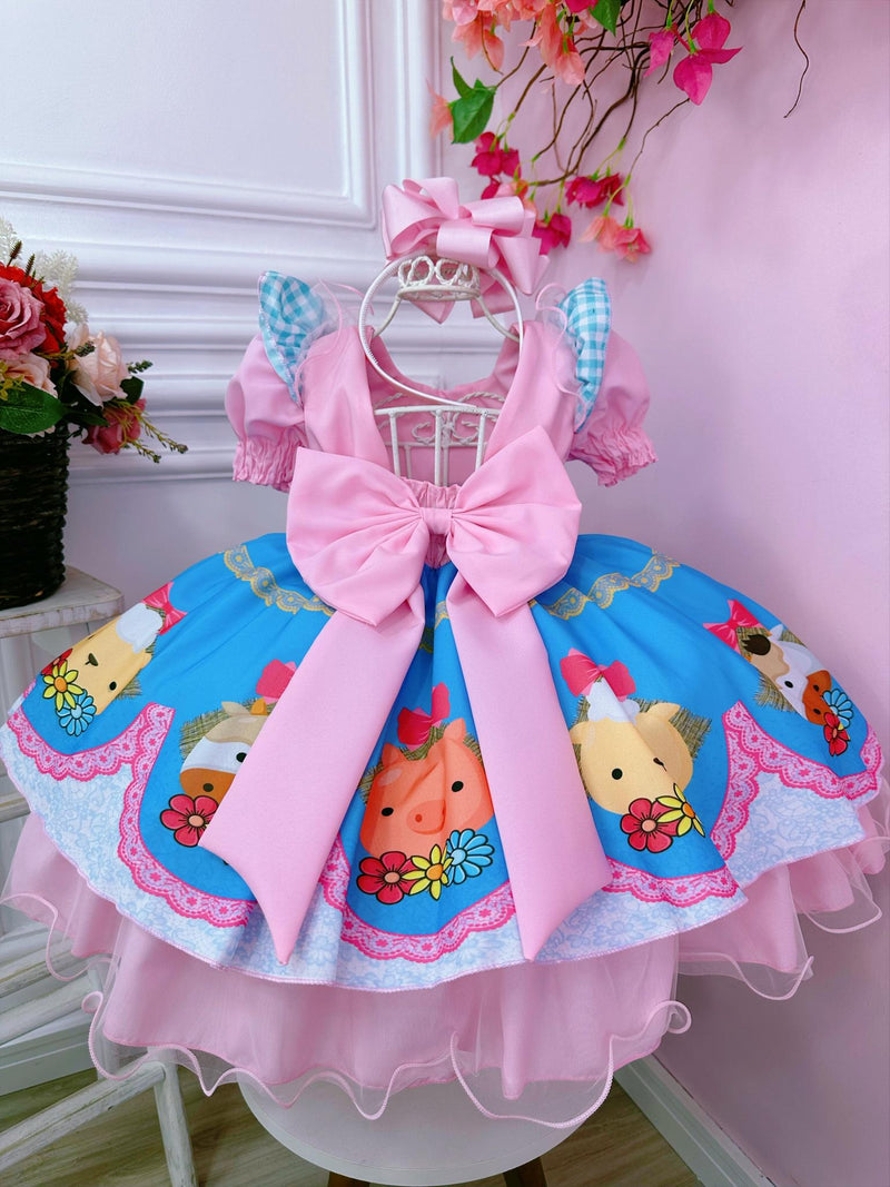 Vestido Infantil Fazendinha Vaquinha e Porquinho Rosa e Azul