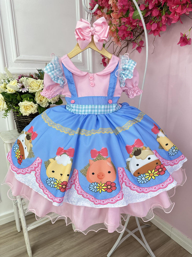 Vestido Infantil Fazendinha Vaquinha e Porquinho Rosa e Azul