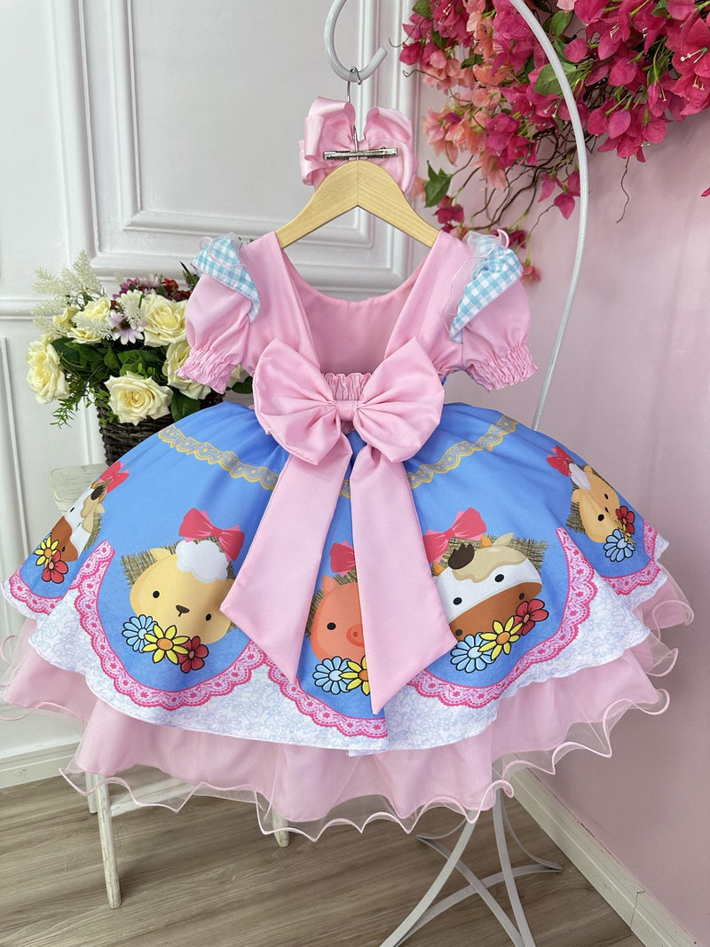 Vestido Infantil Fazendinha Vaquinha e Porquinho Rosa e Azul