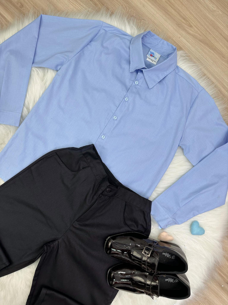 Conjunto Social Camisa Azul e Calça Preto em Algodão