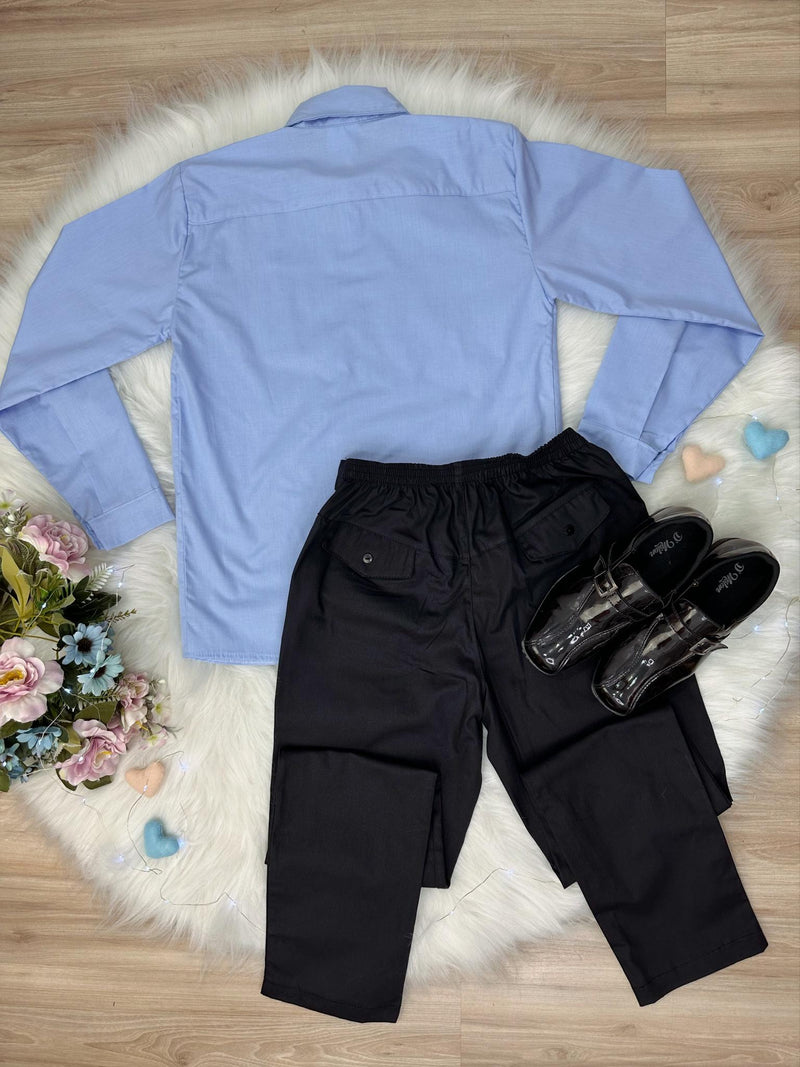 Conjunto Social Camisa Azul e Calça Preto em Algodão